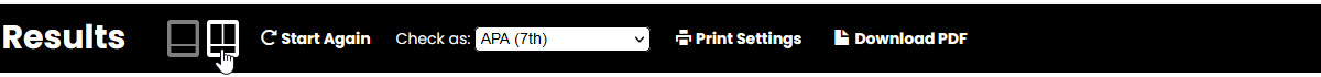 Screenshot showing the results page header with split screen icon under mouse pointer